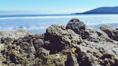 Close-up of rocks on shore against sky