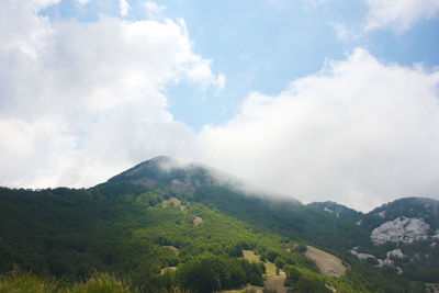 Landscape with mountains and hills in cloud fog