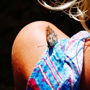 High angle view of butterfly on human shoulder