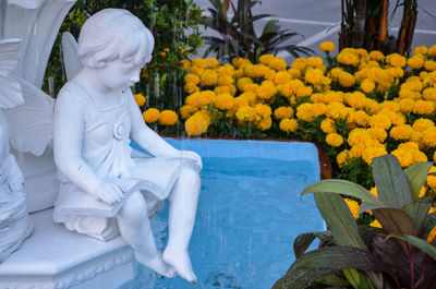 Low angle view of statue amidst flowering plants