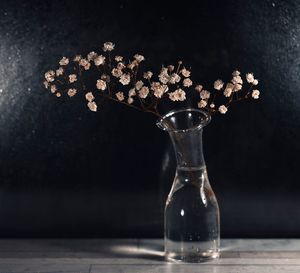 Close-up of glass vase on table against black background