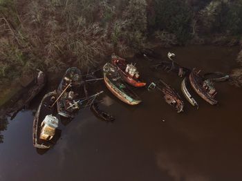 High angle view of abandoned boat in lake