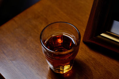 High angle view of beer in glass on table