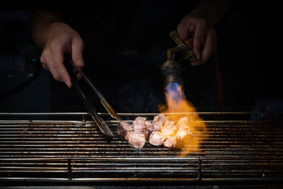 Cropped hand of man preparing food, fire taipei dice beef.