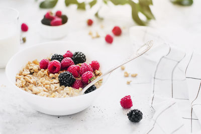 Close-up of strawberries in bowl on table