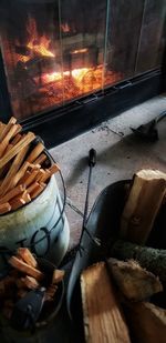 High angle view of fire on table