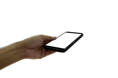 Low angle view of person using smart phone against white background