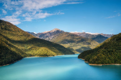 Scenic view of lake and mountains against sky