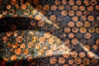 High angle view of old coins