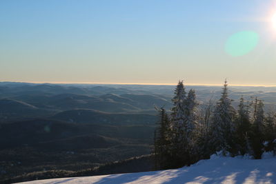 Scenic view of snowcapped mountains against sky during sunset