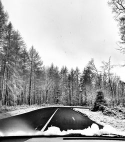 Road amidst bare trees seen through car windshield