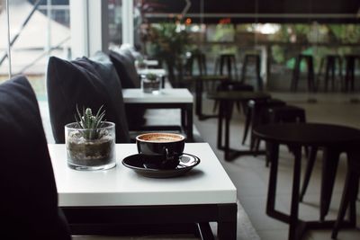 Close-up of served coffee cup with potted plant