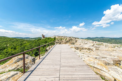 Footpath leading towards mountain against sky