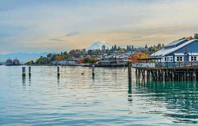 A utumn tree and buildings line the shore in ruston, washington.