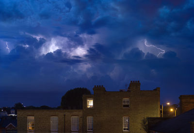 Panoramic view of residential district against storm clouds