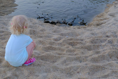 High angle view of woman on beach