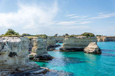 Panoramic view of rocks in sea against sky