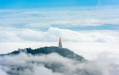 The top of the pagoda in the valley and the beauty of the fog at phu tub berk in thailand