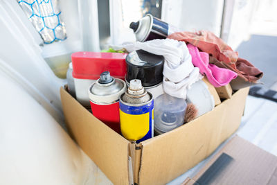 High angle view of bottles on table