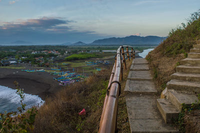 High angle view of staircase against sky