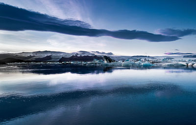 Scenic view of lake against sky during winter