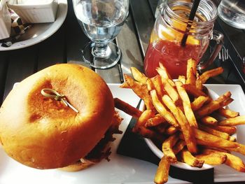 Close-up of burger on table