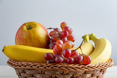 Close-up of fruits in basket against white background