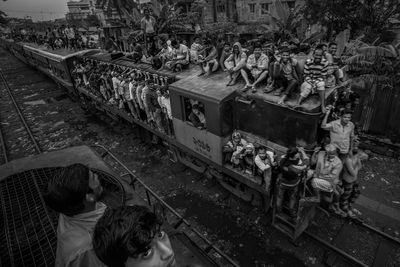 High angle view of people in train