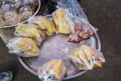High angle view of meat for sale in market
