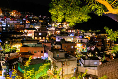 View of city lit up at night