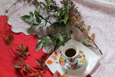 High angle view of breakfast on table