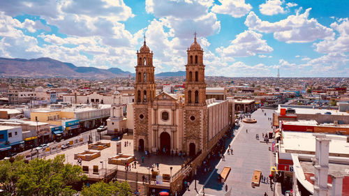 High angle view of buildings in city