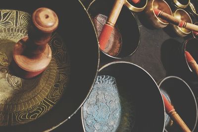 High angle view of ornate bowl on table