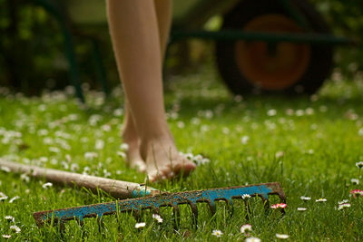 Low section of woman by gardening fork on grassy field