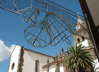 Low angle view of palm trees and buildings against sky