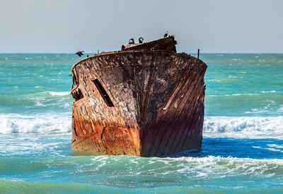 Ship wreck on sea shore against sky