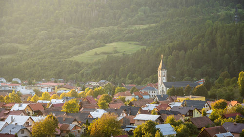 High angle view of townscape against mountain