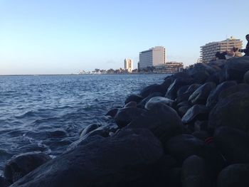 Scenic view of sea against clear sky