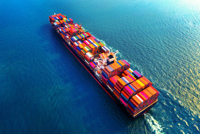 High angle view of boats in sea