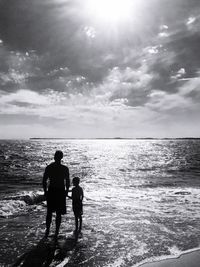 Rear view of silhouette friends standing at beach