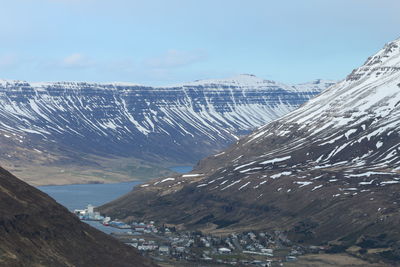 Scenic view of snowcapped mountains against sky