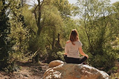 Rear view of woman sitting on rock in forest