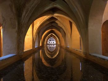Reflection of illuminated building in puddle
