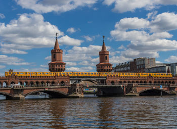 Bridge over river with buildings in background