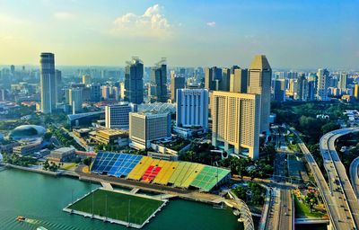 Aerial view of buildings in city against sky