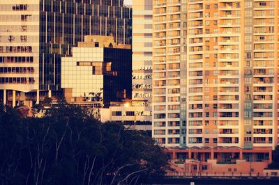 Buildings and skyscrapers lit up with the morning sun in the centre of the city.