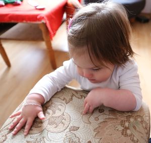 High angle view of cute girl looking away