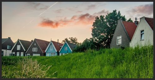 Houses on field against sky at sunset