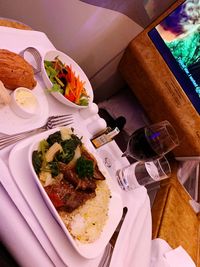 High angle view of meal served on table