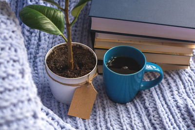 High angle view of coffee cup on table